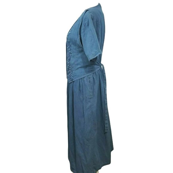 Vintage 80s Denim Chambray Dress L Beaded Vest Faded Tie Back Maxi Cottage Core - Picture 5 of 9